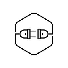 Concepto energía eléctrica. Logotipo lineal enchufe eléctrico con cable y conector en hexágono en color negro