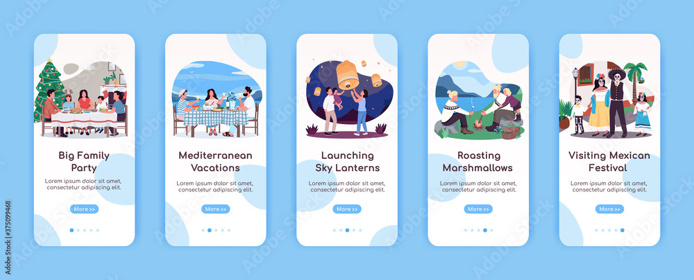Poster quality family time onboarding mobile app screen flat vector template. recreational activity. walkth