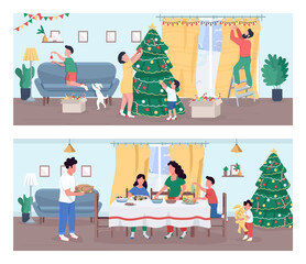 Christmas celebration semi flat vector illustration set. New Year in household. Activity of decorating home for Christmas. Holiday dinner. Family 2D cartoon characters for commercial use collection