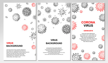 Pack of vertical virus design with hand drawn elements for banners, social media stories, cards, leaflets. Microscope virus close up. Vector illustration in sketch style. COVID-2019