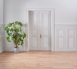 White classic wall background in to the room, brick wall and shelf kitchen style.