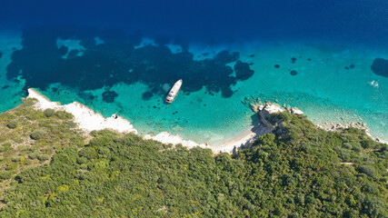 Aerial drone photo of beautiful paradise turquoise sea sandy beach and bay of Gidaki accessible by short hiking in beautiful Ionian island of Ithaki or Ithaca, Greece