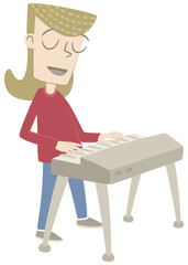 Girl playing a musical keyboard. Retro style illustration of a little blonde girl playing an electric keyboard.