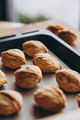 Homemade cookies with boiled condensed milk on a table background. Copy space