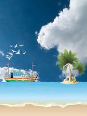 Obraz premium Picturesque tropical island beach scene with trawler boat fishing offshore set against a blue cloudy sky