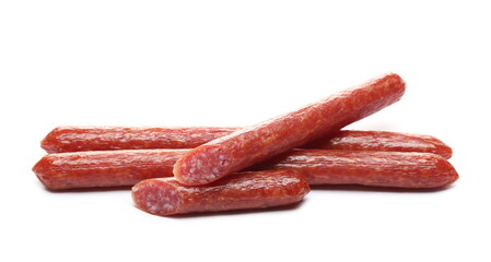 Fermented, smoked sausages isolated on white background