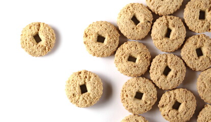 Tea biscuits, cookies isolated on white background, top view