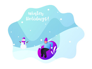 Obraz premium Boy Sliding Off Snow Hill on Tubing at Park or Resort. Young Child Character in Knitted Hat Sledging at Inflatable Tube