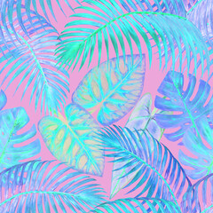 Fototapeta na wymiar Watercolor surreal abstract seamless pattern with tropical exotic plants