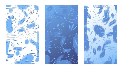 Artistic winter sketchy backgrounds. Deep ocean or snowy windows. Hand drawn vector illustration. Blue color, brush strokes on canvas and doodle lines, modern style paintings