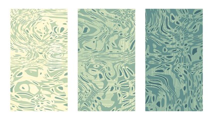 Natural green floral pattern, summer vector set. Exotic rippled surface, illusion, curvature. Art background abstract plant set