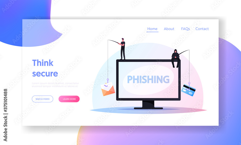 Poster hacking credit card landing page template. tiny hackers sitting on huge computer with rods phishing 