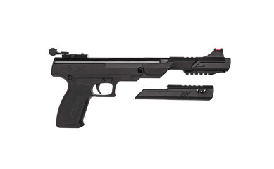 Modern sport air pistol with mechanical sight isolate on white back. Pneumatic guns for grade and entertainment.