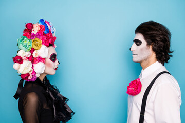 Profile photo of scary two people man lady look eyes serious prepare bloody sacrifice ritual wear...