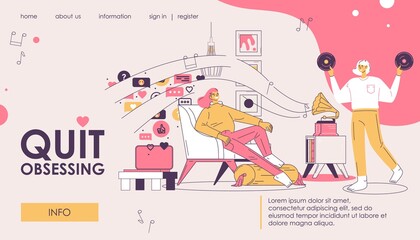 Obraz na płótnie Canvas Vector landing page concept illustration with women listening to old fashioned music via gramophone and ignoring social media push notifications on laptop. Pink interior scene
