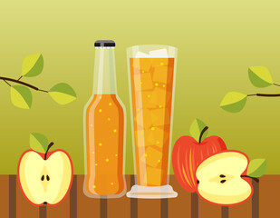 Red apple, a half of an apple, bottled cider and glass of cider on a table in garden. Vector illustration in flat style isolated.