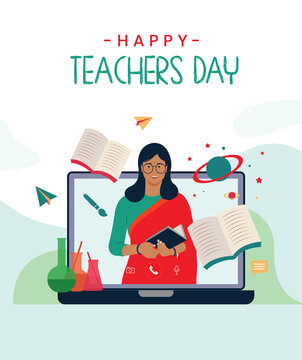 Happy Teacher's Day Text, Indian Women Teacher Teaching Online With Educational Vector Background