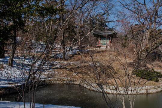 Changdeokgung Palace, Seoul.Korea. Changdeokgung Palace is the UNESCO World Cultural Heritage. Beautiful Secret Garden with snow.