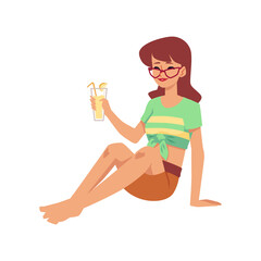 Woman or girl with glass of drink in hand, flat vector illustration isolated.