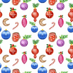 New year's raster illustration. Christmas toys, cover sketch, banner, print, patterns.