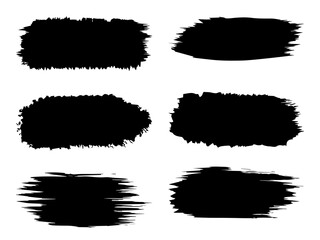 Vector collection or set of artistic black paint, ink or acrylic hand made creative brush stroke backgrounds isolated on white as grunge or grungy art, education abstract elements frame design