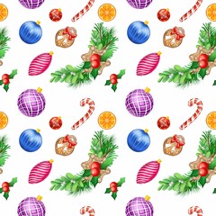 New year's raster illustration. Christmas toys, cover sketch, banner, print, patterns.