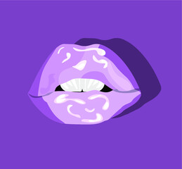 Vector illustration of purple glossy lips with sequins ajar.