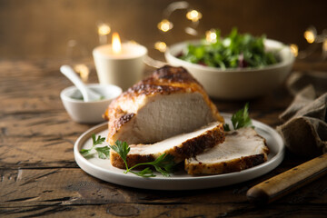 Homemade honey mustard roasted pork with fresh salad