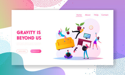 Zero Gravity or Antigravity Landing Page Template. Characters Freeze and Hanging in Air with Household Accessories