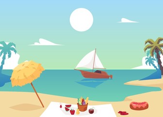 Fototapeta na wymiar Summer sea shore landscape with food served for picnic, flat vector illustration.