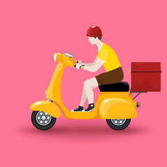 Fototapeta na wymiar Young guy rides a scooter, orange vintage scooter with box for food delivery isolated on pink background, online delivery service and stay home concept, vector illustration