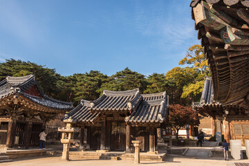 The beautiful and colorful autumn landscape of temple background autumn colored mountain and blue sky.
