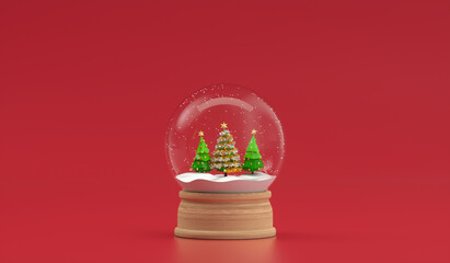 christmas tree in snowball decoration isolated on red background. 3d illustration
