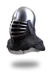 Fototapeta premium Metal knight helmet isolated on white.