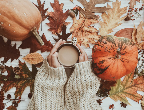 Hand holding warm coffee and pumpkins and colorful leaves top view. Stylish autumn flat lay. Hello fall. Cozy warm image