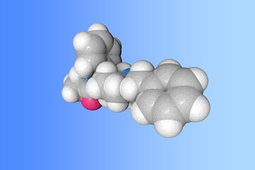 Molecular model of fentanyl. Atoms are represented as spheres with color coding: carbon (grey), oxygen (red), nitrogen (blue), hydrogen (white). Scientific background. 3d illustration