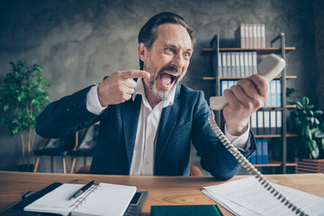 Close-up portrait of his he desperate furious fury evil jobless guy employer talking yelling on...