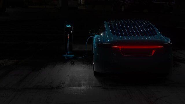 3D Model Detailed Silhouette of Autonomous Electric Car Charging. Blue Supercar Made of Blue Lines. Racing into the Light	