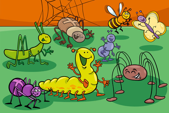 cute insects and bugs cartoon characters group