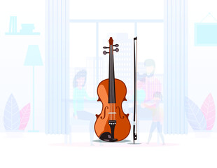 Family taking Violin classes online at home during the pandemic time.  