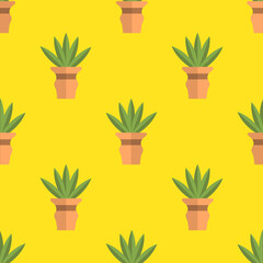 Colorful cartoon doodle flower in pot seamless pattern. Succulent floral background in flat style. Vector illustration.