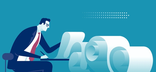 Paperwork. Manager and long check list. A metaphor for endless work. Business vector illustration.