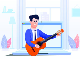 A young man playing guitar. 