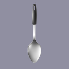 Illustration of a metal spoon with a plastic black handle.