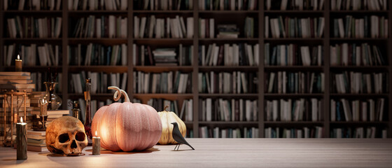 the wizard's room with library, old books, pumpkins, potion, and scary things 3d render 3d illustration