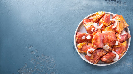 Uncooked pork kebab. Raw pork marinated meat. Copy space, top view