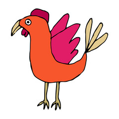 Cute tropic cartoon doodle hen bird isolated on white background. Vector illustration.   
 