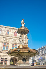 Statues of beautiful women as musicians and singers of State Opera fountain in Vienna, Austria, details, closeup