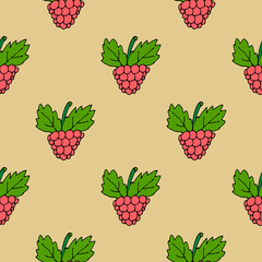 Seamless pattern with cartoon doodle linear raspberries isolated on beige background. Vector illustration.  