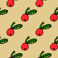 Cute red Lingonberry with leaf seamless pattern. Fruit background. Vector illustration.  